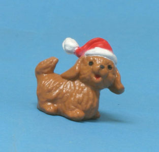 Dollhouse Miniature Dog In Santa's Hat, 5/8" H